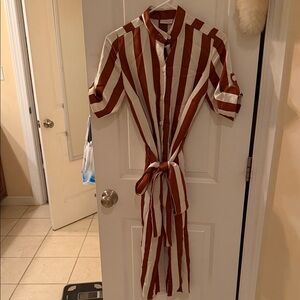 New York & Company Brown and White Striped Shirt Dress